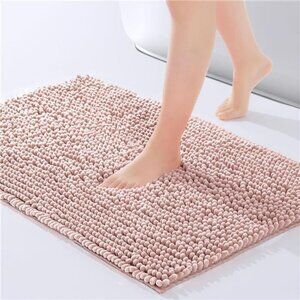 Dusty Pink Chenille Bath Mat Soft Non Slip Absorbent Bathroom Rug Washable